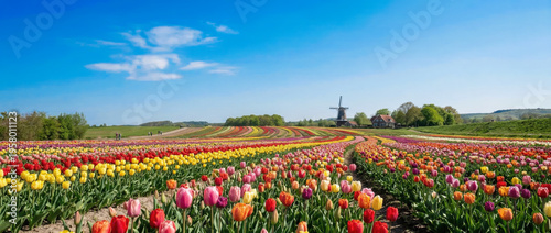 Vibrant tulip fields stretch towards a historic windmill under a clear blue sky