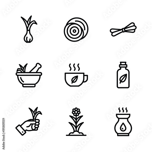 Herbal Medicine and Aromatherapy Icons Set.