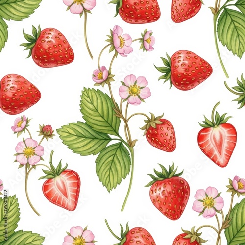 Watercolor Strawberry Pattern - Fresh Berries and Blossoms on White.