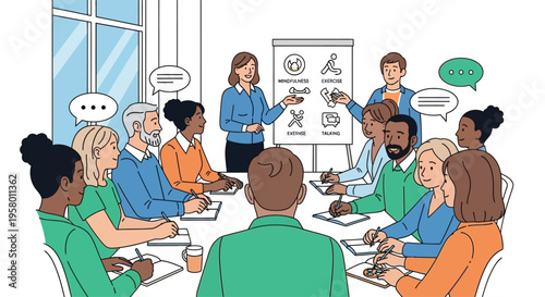Diverse group of professionals in a business meeting discussing ideas.