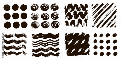 Abstract brushstrokes and shapes in black and white arranged in a grid