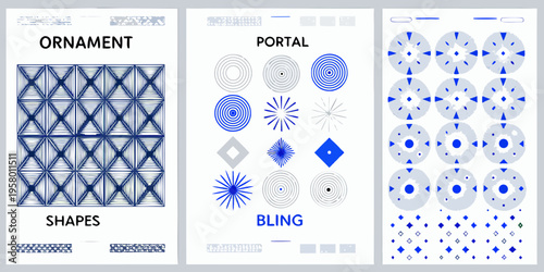 Abstract geometric patterns and shapes in shades of blue and white
