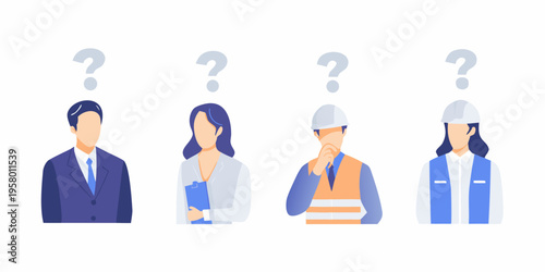 Diverse professionals pondering with question marks above their heads