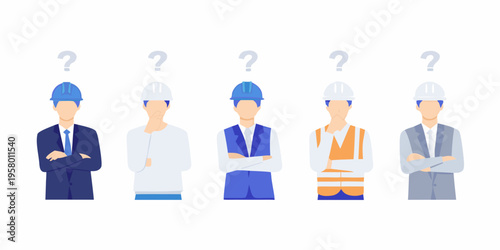 Diverse construction workers with question marks above their heads