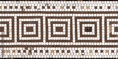 Ancient roman mosaic with geometric patterns in brown and white tones