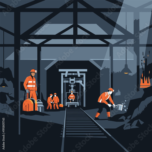 Miners working in underground coal mine with equipment.