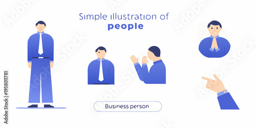 Simple illustration depicting various poses of business people and a hand