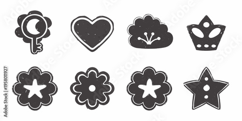 Hand drawn black icons depicting hearts flowers a mirror and crowns