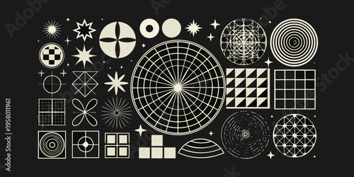 Abstract geometric shapes and celestial elements on a dark background