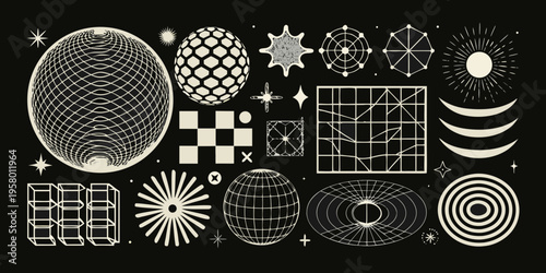 Geometric shapes and celestial forms in a vintage line art style