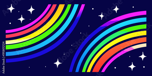 Colorful rainbows and stars against a dark blue background