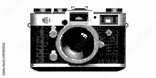 A retro style camera depicted in a black and white pixelated illustration