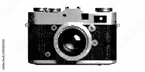 A vintage camera illustrated with a dotted monochrome aesthetic