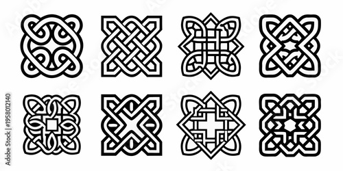Collection of eight black and white celtic knotwork designs displayed neatly