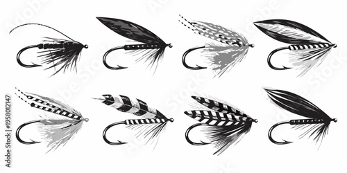 A collection of intricately designed fishing flies displayed on a white background