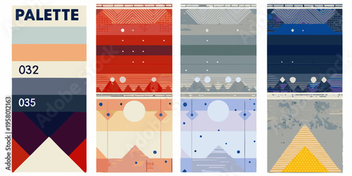 Aesthetic color palettes with geometric shapes and patterns displayed vertically