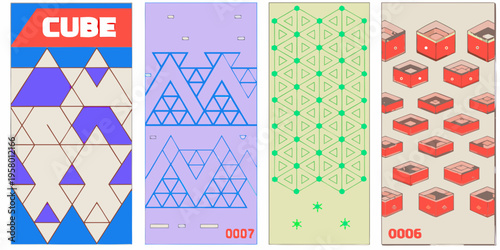 Four vertical panels displaying geometric patterns and cube imagery