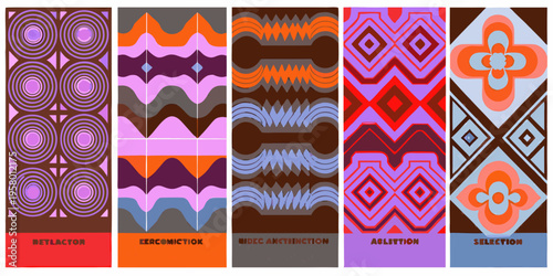 A series of six vertically oriented colorful geometric patterned bookmarks