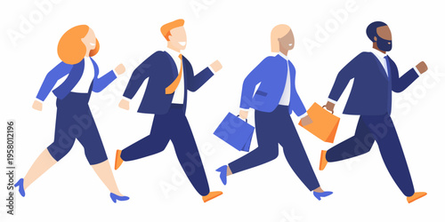 Four business professionals are urgently walking or running forward