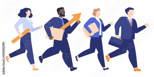 Diverse business team running forward with documents symbolizing growth and success