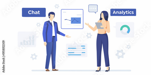 Business professionals discussing data analytics and chat communication strategies