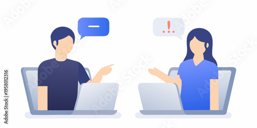 Two people having a virtual conversation discussing ideas with laptops