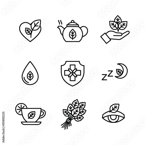 Herbal Tea Health Benefits Icons Set.