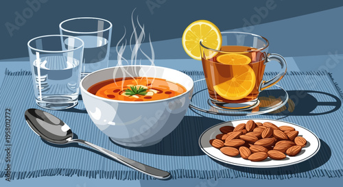 Delicious butternut squash soup with cream and almonds illustration