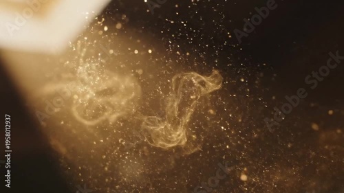 Golden Dust Particles and Smoke Swirling in Bright Cinematic Light Beam