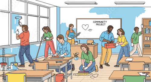 Diverse group of students working together on a community project.