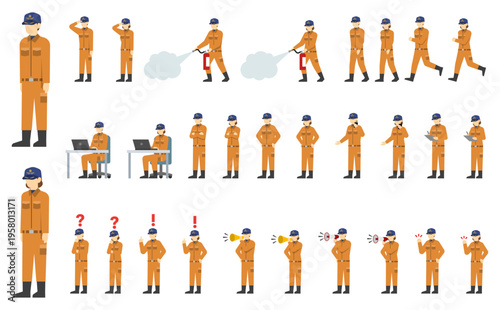 フラットイラスト：男女の消防士セット オレンジ制服