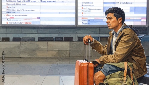 A traveler man sitting with luggage, canceled flights screen