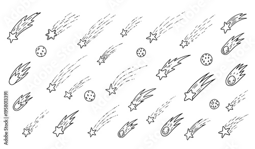Hand drawn shooting stars and comet trail vector icons with stardust falling meteor illustration set