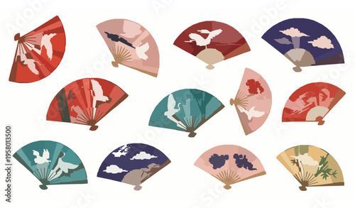 Colorful Asian hand fan collection vector with folding paper fans and decorative cultural designs