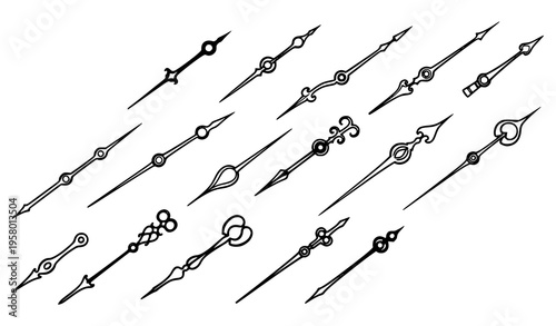 Hand drawn antique clock hands vector set with vintage watch pointers and ornate time arrows