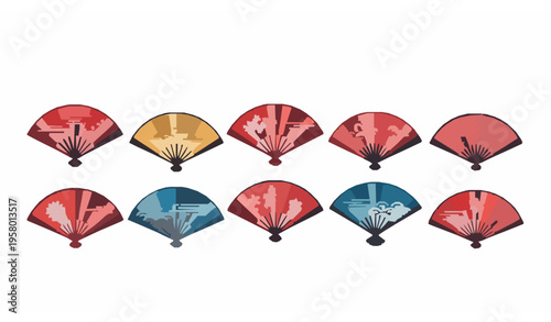 Asian folding fan icons vector set with colorful traditional paper fans in modern flat design