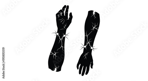 Cracked arms reaching up displaying fractured energy dramatic silhouette