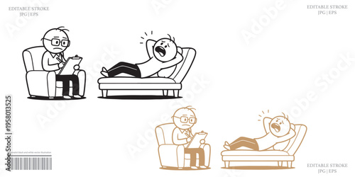 Sleeping Man Waking Up in Bed with Alarm Clock Cartoon Line Art