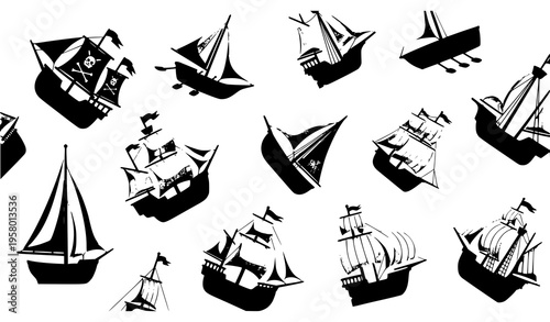 Cute cartoon sailing ships vector collection with pirate boats galleons and wooden sea vessels