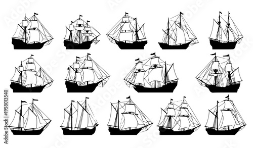 Cartoon old wooden sailing ships vector set with pirate galleon frigate and sailboat illustrations