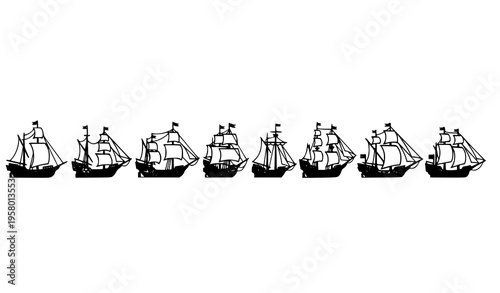 Old wooden ship icons vector set with sailing galleon frigate and pirate boat silhouettes