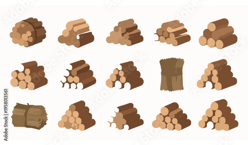 Cartoon firewood stack vector set with wood logs timber bundles and bonfire fuel illustration
