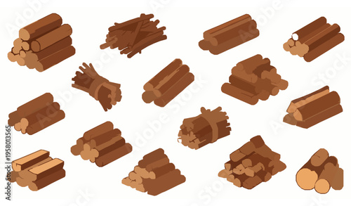 Cartoon firewood pile collection vector with stacked logs branches and timber bundles isolated on white