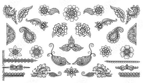 Henna tattoo doodle vector set with floral paisley mehndi elements in intricate line art style