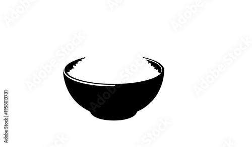 Steaming rice bowl vector with angled view black ceramic dish and soft shadow food illustration