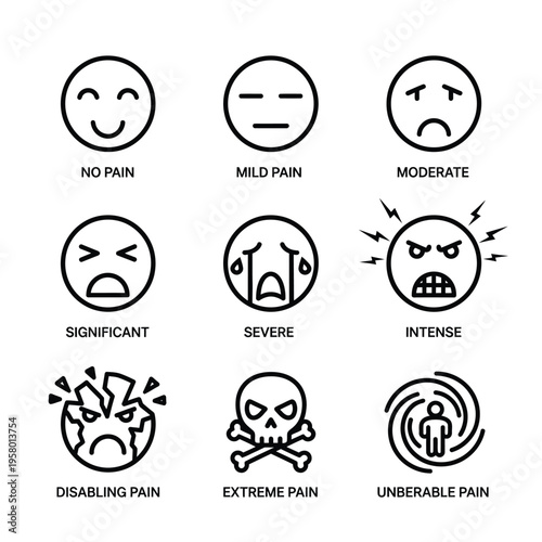 Pain Scale Icons Set Showing Different Levels of Discomfort.