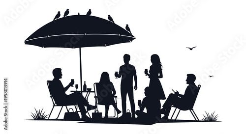 People socializing under a parasol with birds a striking silhouette