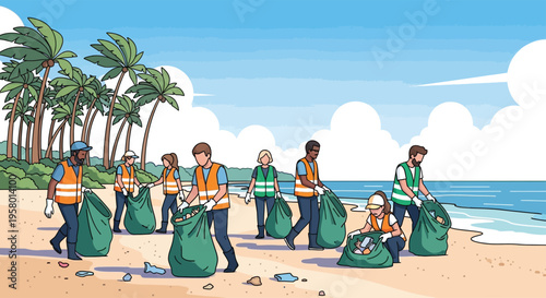 Diverse group of volunteers cleaning up a beach environment.