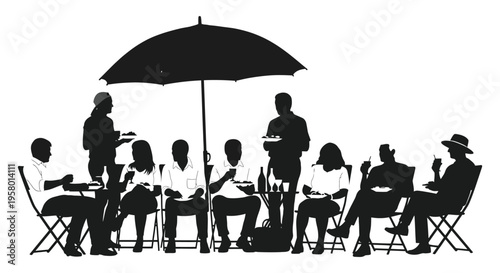 People enjoying a meal outdoors under a parasol black silhouette