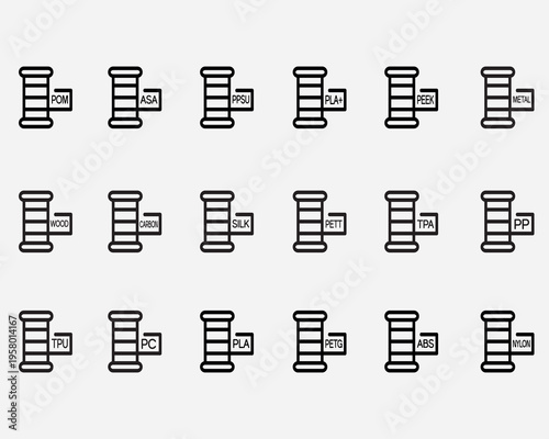 type of 3D printer filament outline icon .three dimension printing material sign symbol isolated on background